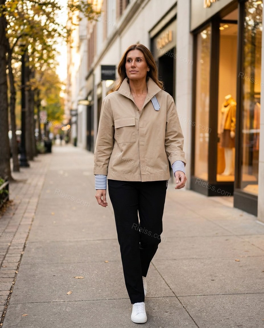Beige Striped Cotton Outerwear, walking lifestyle view, by Rieiss