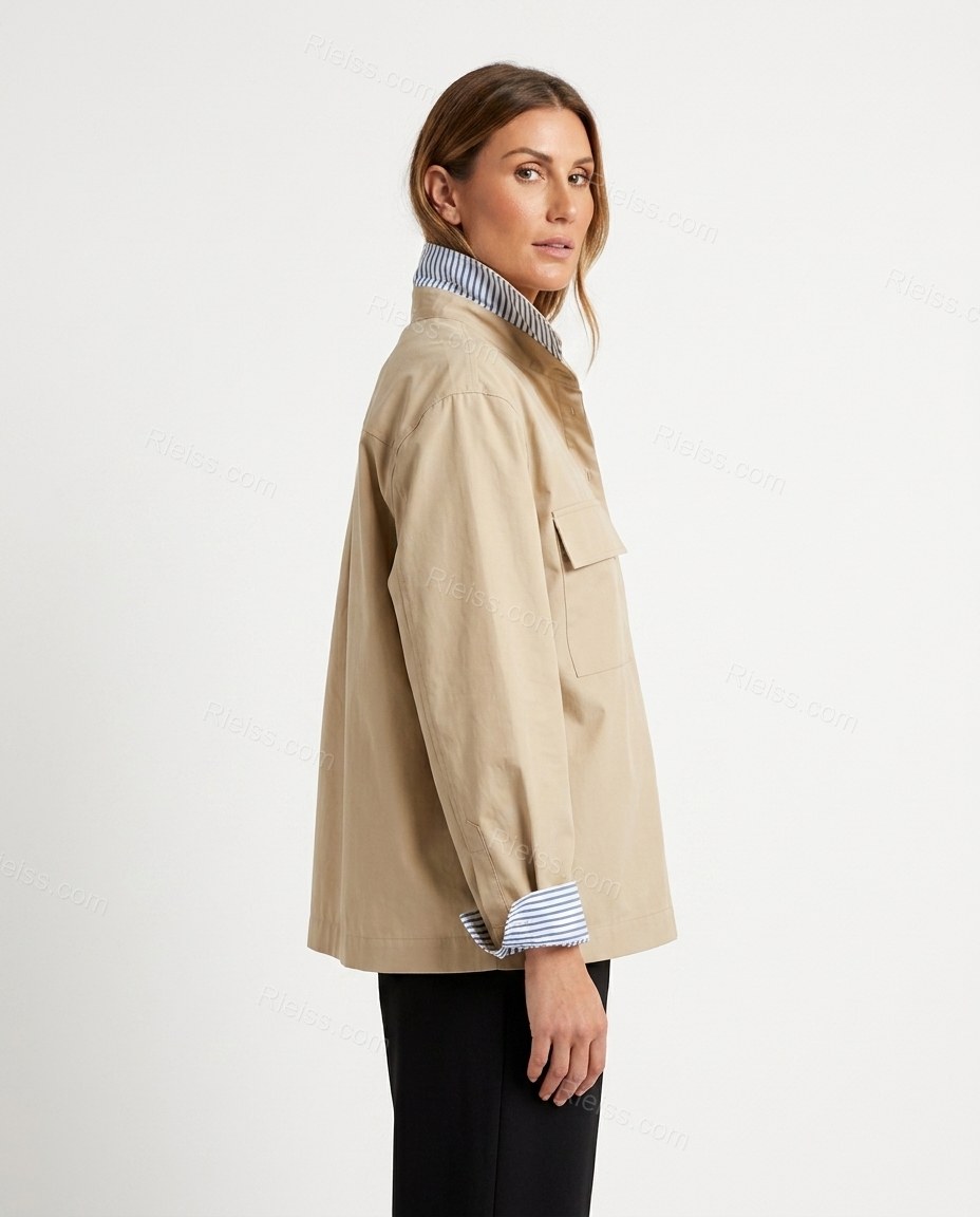 Beige Striped Cotton Outerwear, side and back studio view, by Rieiss