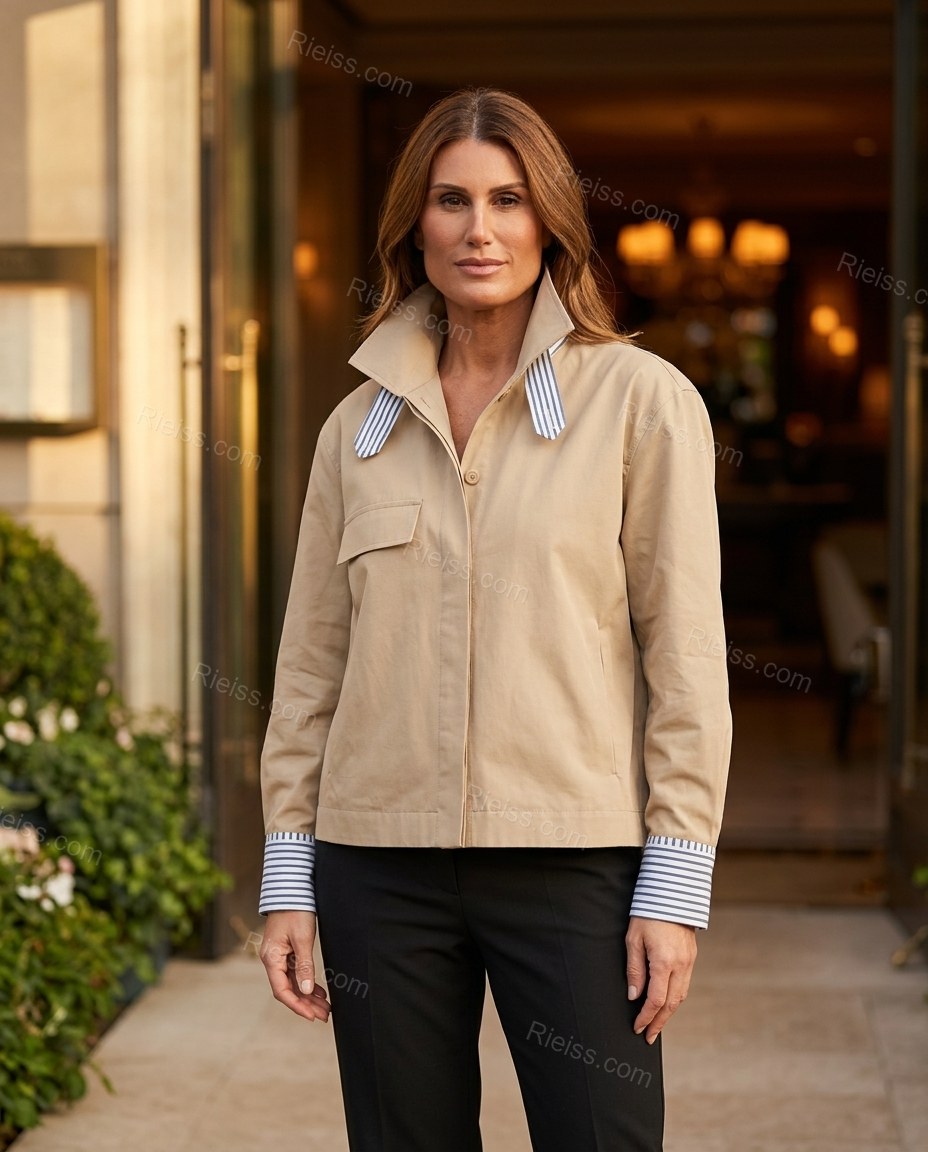 Beige Striped Cotton Outerwear, three-quarter brand lifestyle view, by Rieiss
