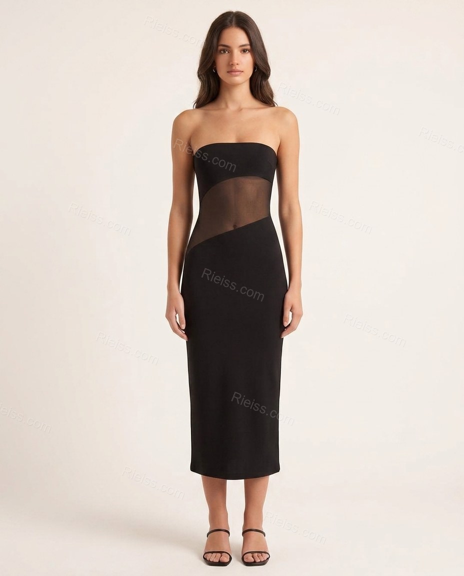 Black Midi Strapless Dress, front studio view, by Rieiss