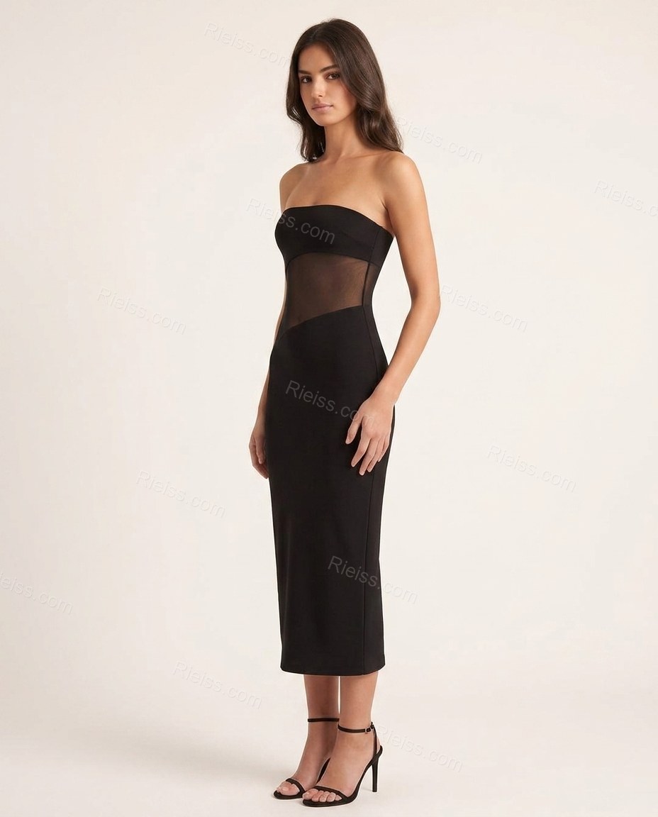 Black Midi Strapless Dress, side and back studio view, by Rieiss