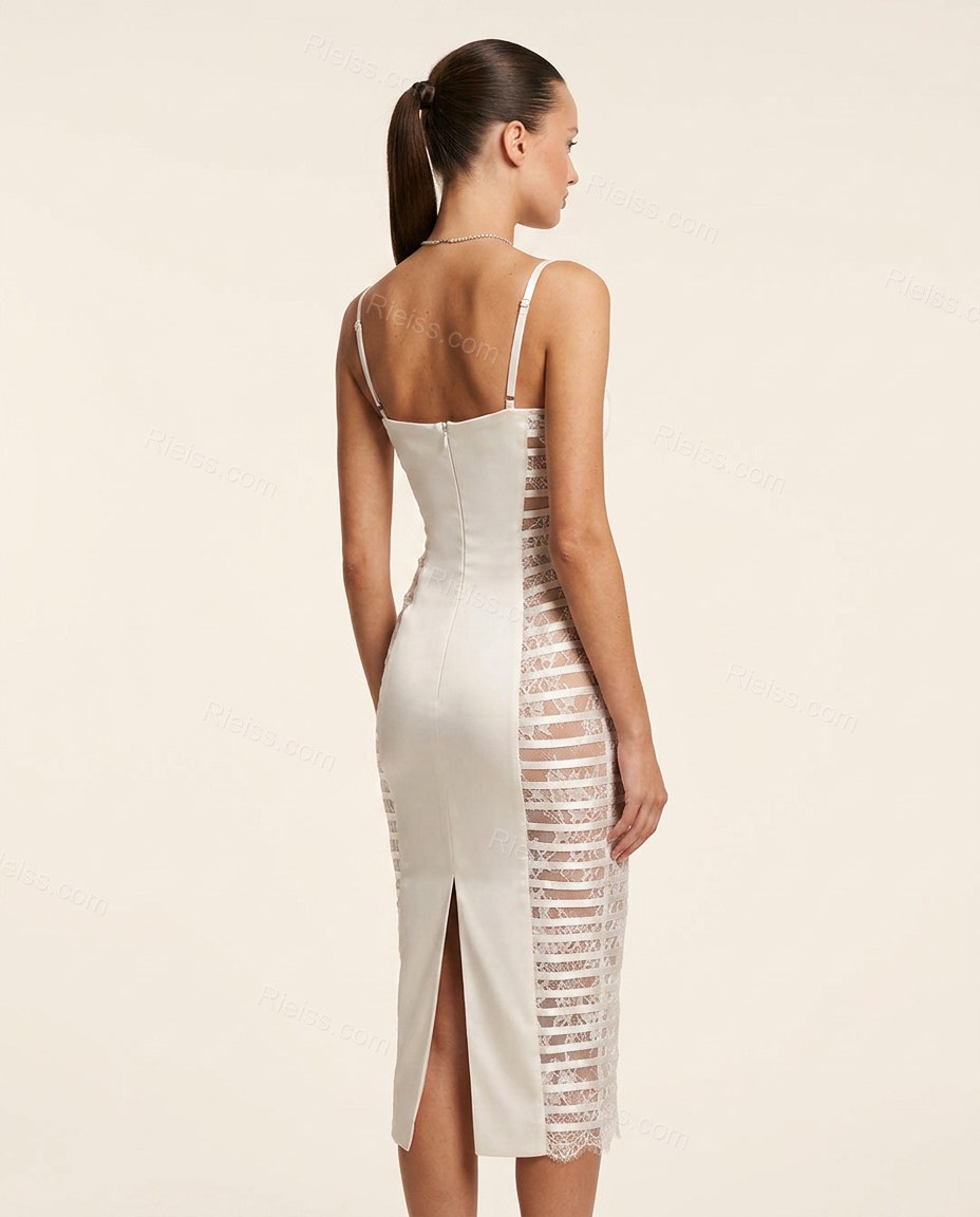 White Midi Satin Lace Dress, back studio view showing center back zipper closure with a vertical slit at the hem, by Rieiss