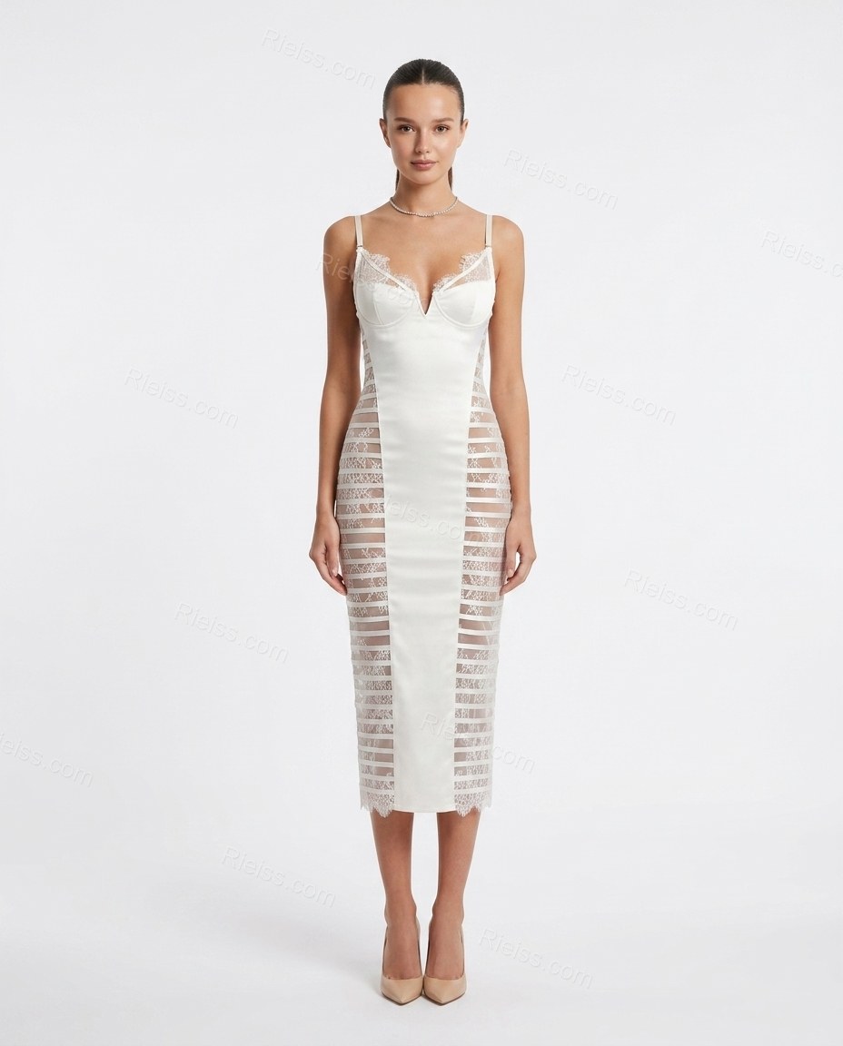 White Midi Satin Lace Dress, front studio view, by Rieiss
