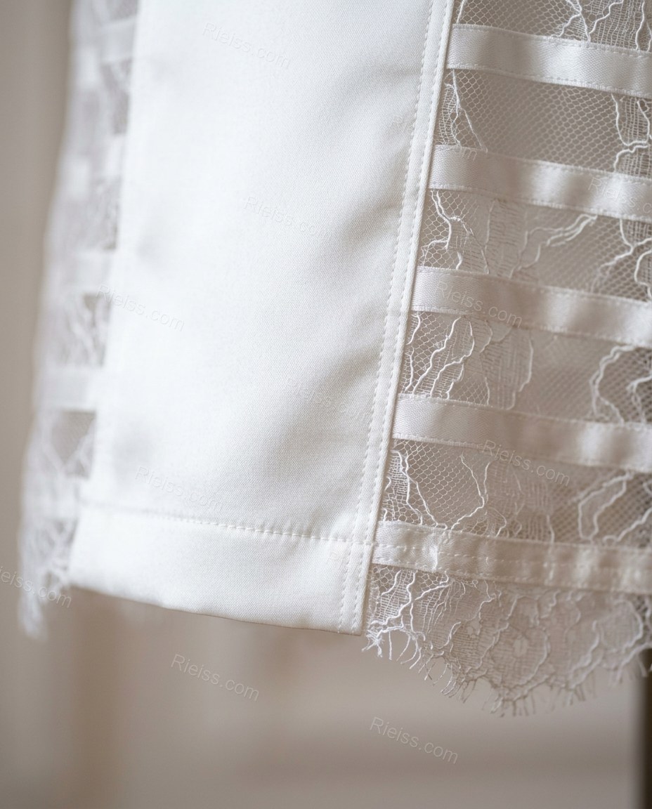 White Midi Satin Lace Dress, close-up of side cutouts, sheer paneling and back vent, by Rieiss