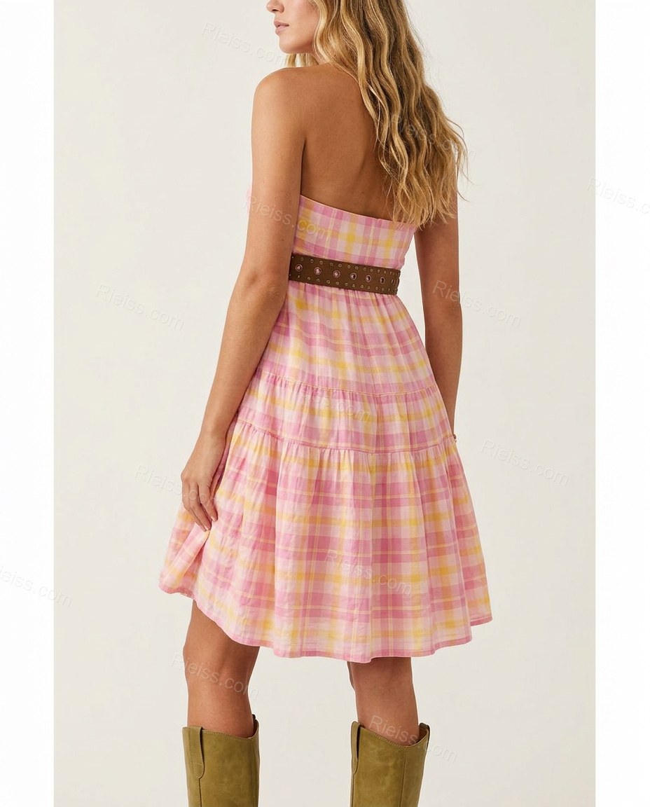 Pink Plaid Mini Strapless Dress, back studio view showing simple straight-across back bodice, by Rieiss