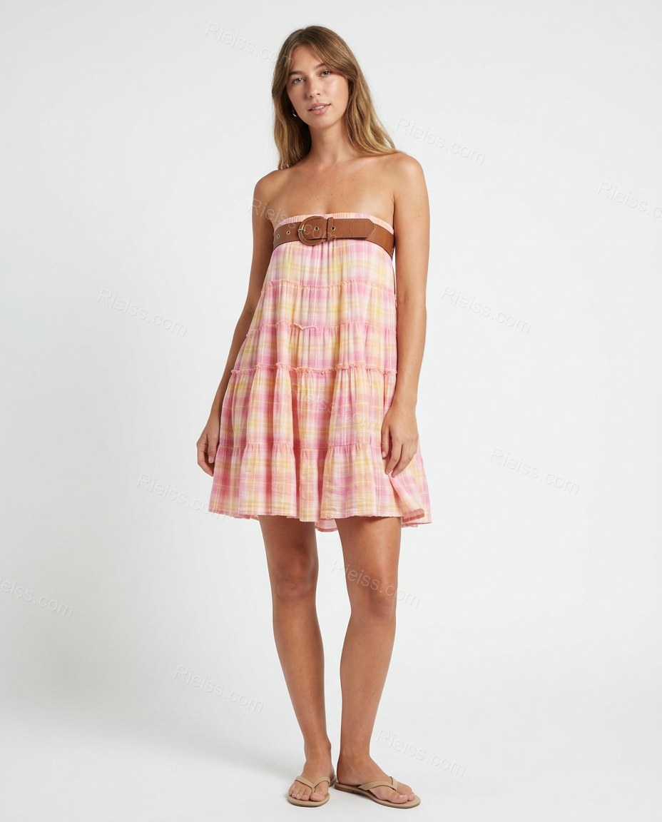 Pink Plaid Mini Strapless Dress, front studio view, by Rieiss