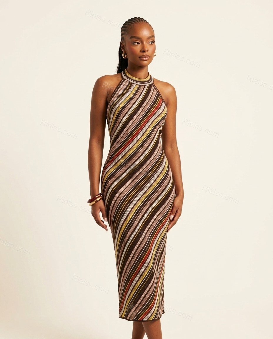 Brown Striped Open-Back Halter Dress, front studio view, by Rieiss