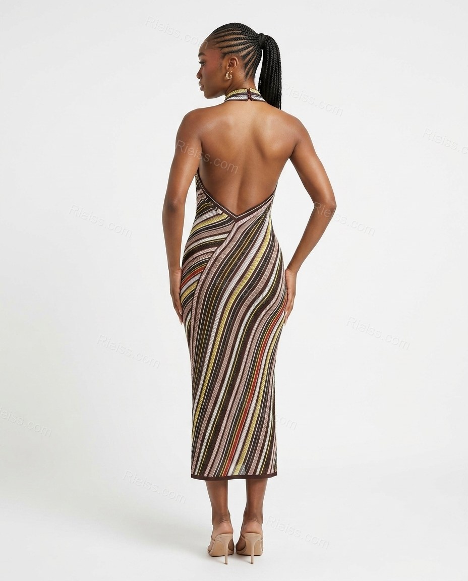 Brown Striped Open-Back Halter Dress, back studio view showing open back design with halter neck closure, by Rieiss