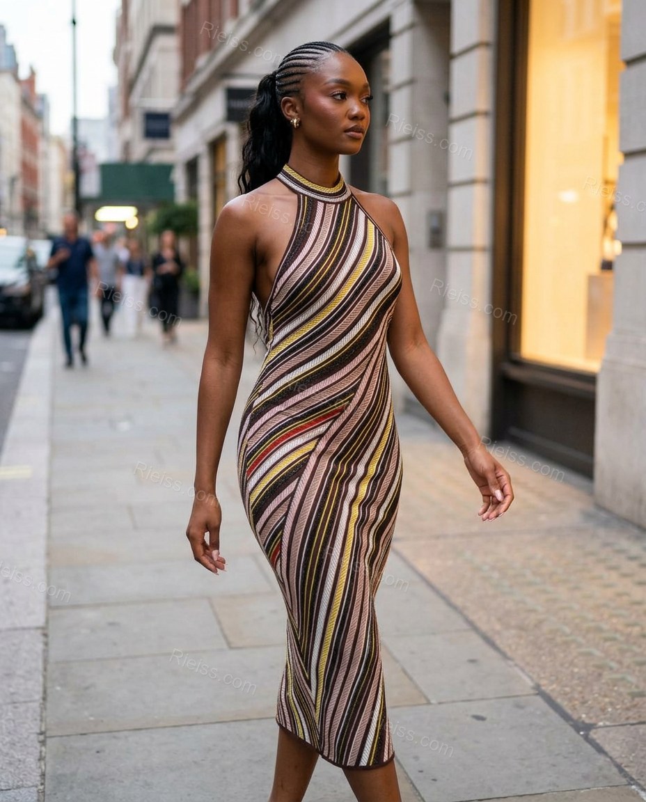 Brown Striped Open-Back Halter Dress, walking lifestyle view, by Rieiss