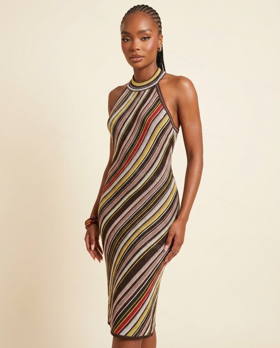 Brown Striped Open-Back Halter Dress, full-length hero view, by Rieiss