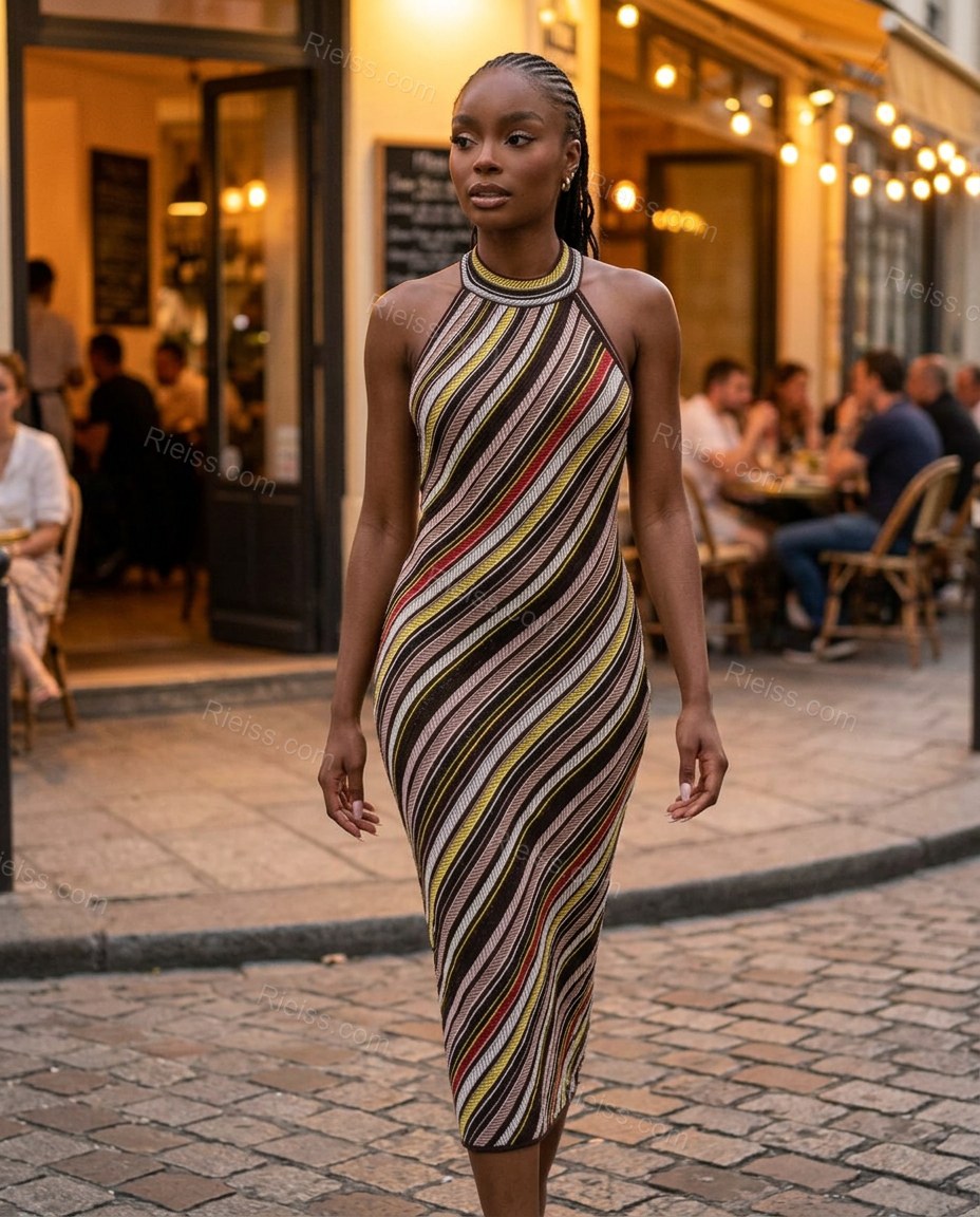 Brown Striped Open-Back Halter Dress, alternate use-case lifestyle view, by Rieiss