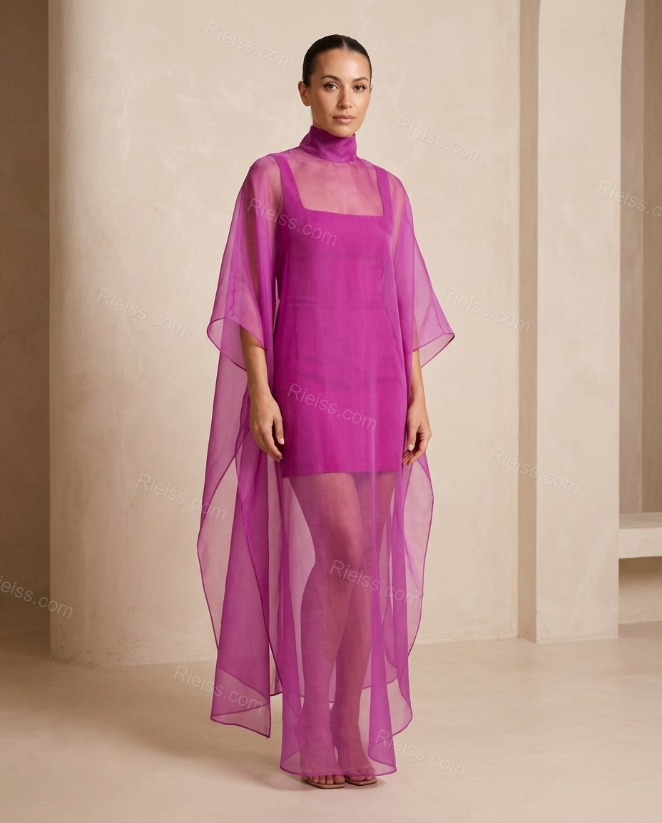 Purple Maxi Open-Back Cape Blouse & Skirt Set, full-length hero view, by Rieiss