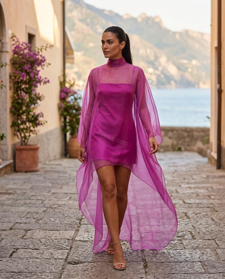 Purple Maxi Open-Back Cape Blouse & Skirt Set, movement and fit lifestyle view, by Rieiss