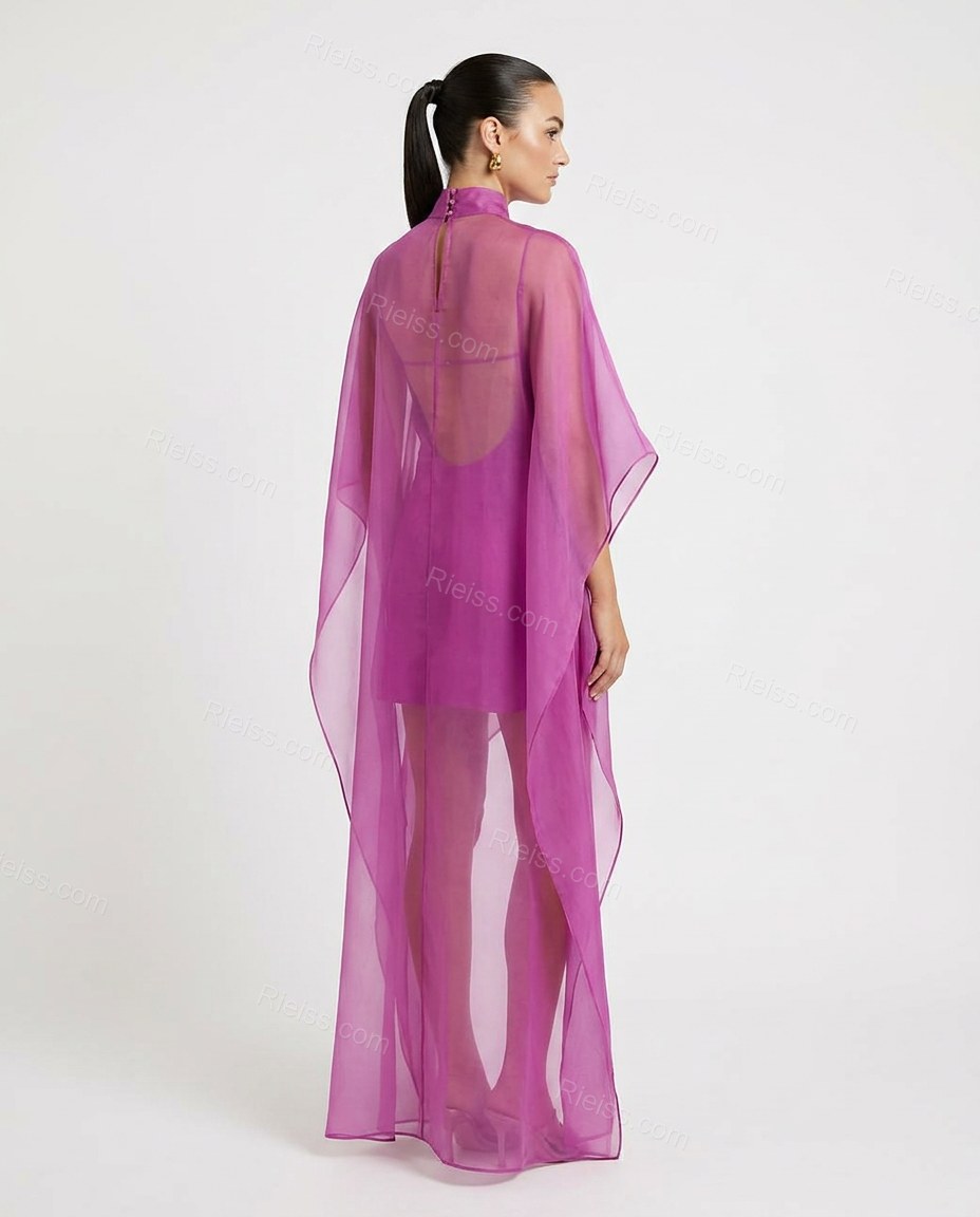 Purple Maxi Open-Back Cape Blouse & Skirt Set, back studio view, by Rieiss