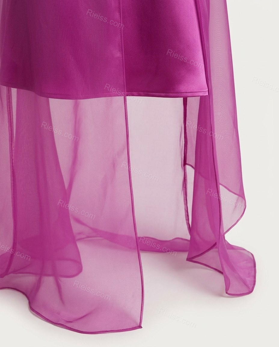 Purple Maxi Open-Back Cape Blouse & Skirt Set, close-up of sheer overlay, high mock neck and open back mini dress, by Rieiss