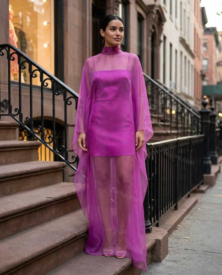 Purple Maxi Open-Back Cape Blouse & Skirt Set, three-quarter brand lifestyle view, by Rieiss