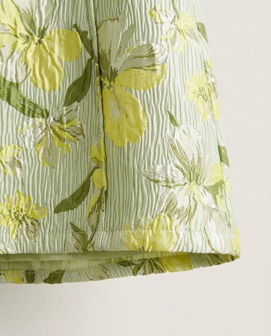 Green Floral Mini Strapless Dress, close-up of floral, by Rieiss