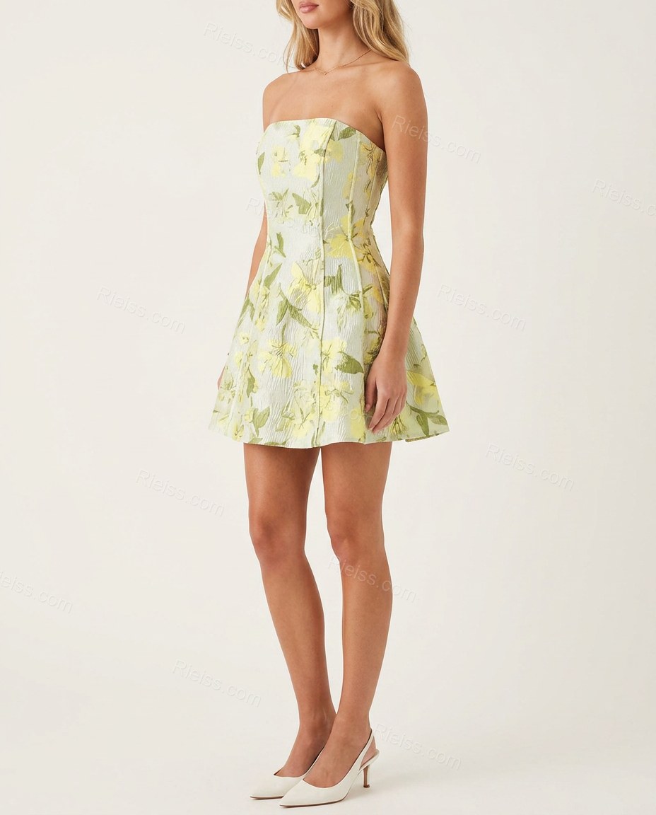 Green Floral Mini Strapless Dress, side and back studio view, by Rieiss
