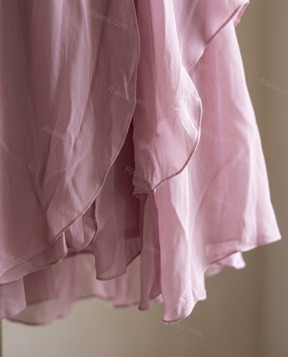 Pink Mini Open-Back Strapless Dress, close-up of ruched bodice, tiered ruffles and tiered ruffled skirt, by Rieiss