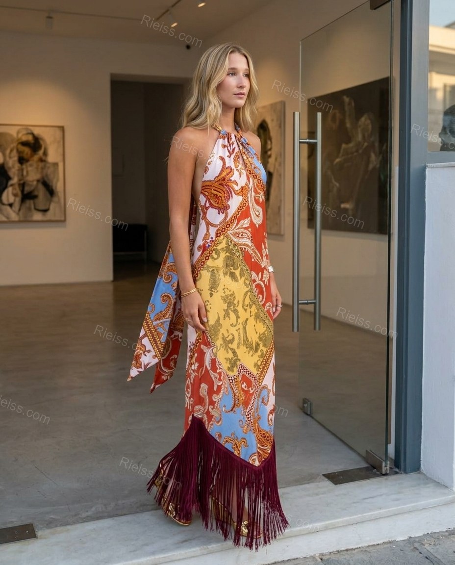 Red Paisley Maxi Open-Back Dress, three-quarter brand lifestyle view, by Rieiss