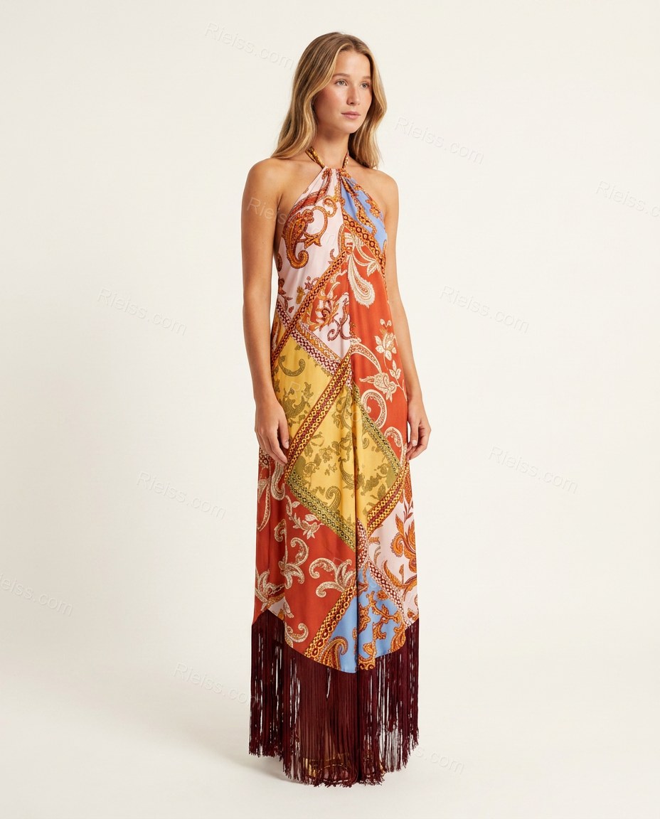 Red Paisley Maxi Open-Back Dress, side and back studio view, by Rieiss