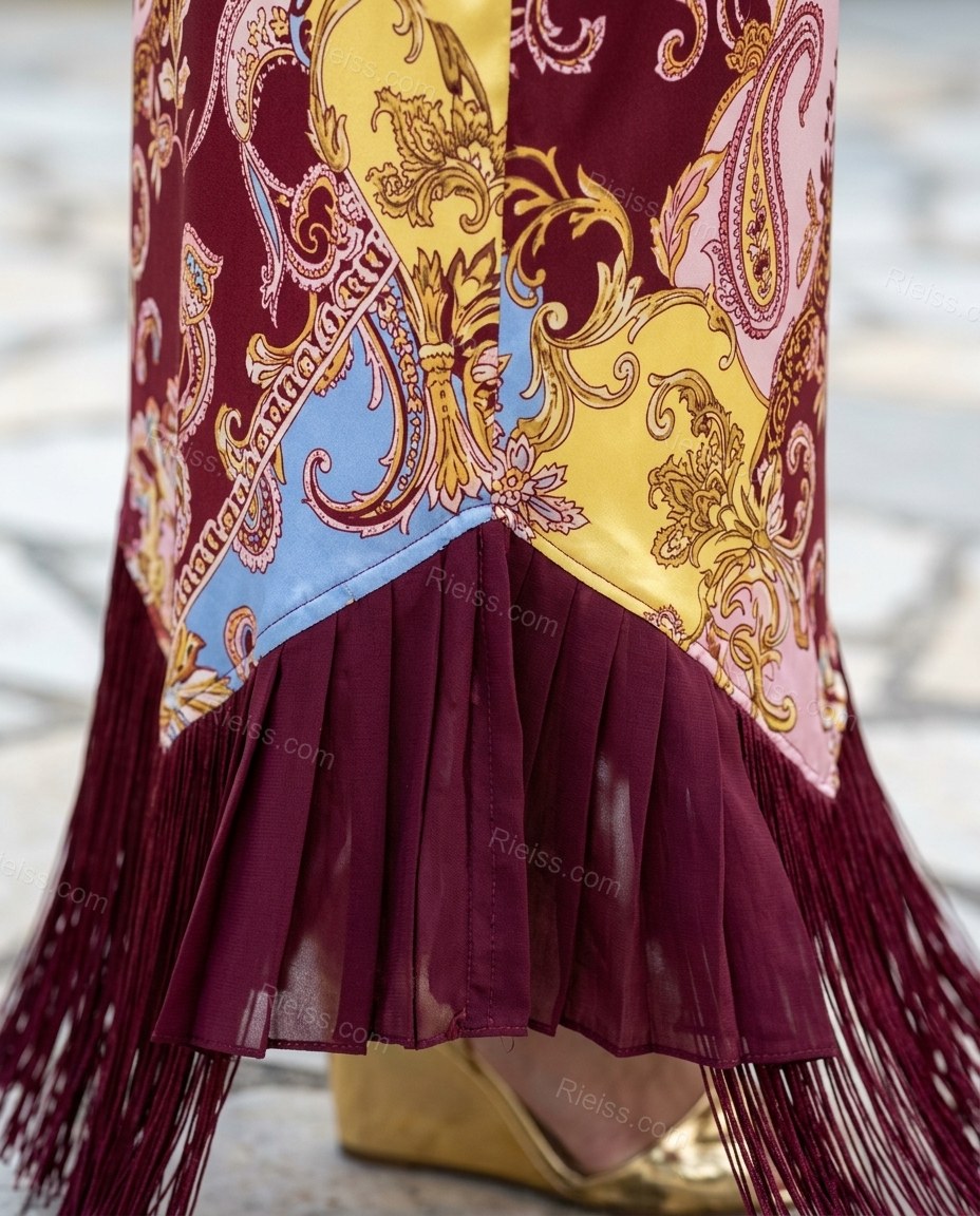 Red Paisley Maxi Open-Back Dress, close-up of paisley, by Rieiss