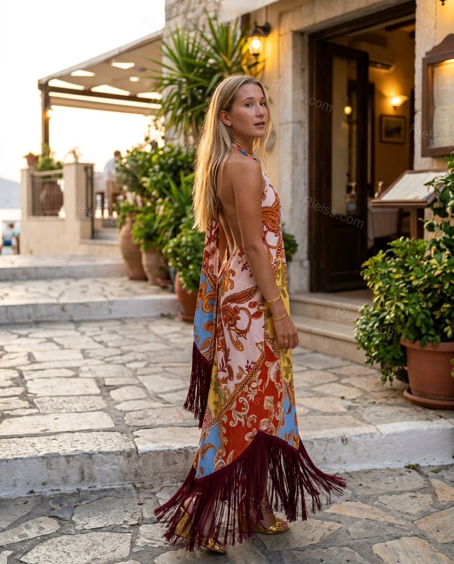 Red Paisley Maxi Open-Back Dress, movement and fit lifestyle view, by Rieiss