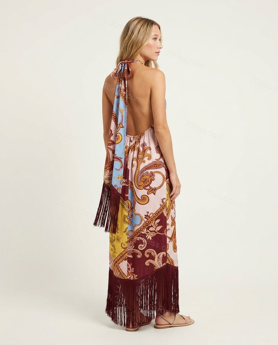Red Paisley Maxi Open-Back Dress, front studio view, by Rieiss