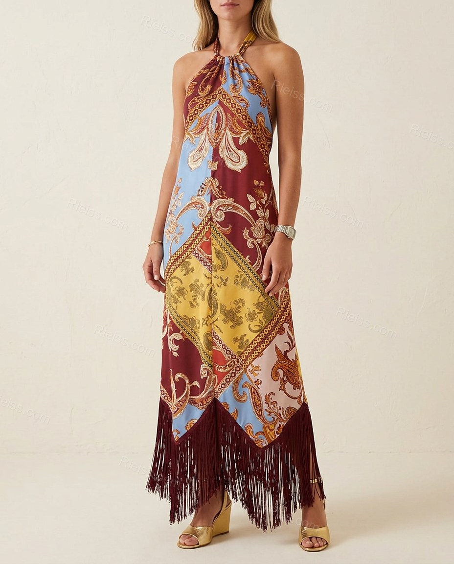 Red Paisley Maxi Open-Back Dress, full-length hero view, by Rieiss