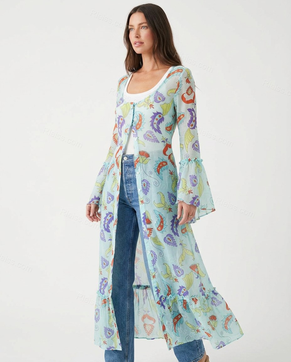 Light Blue Paisley Ruffled Outerwear, side and back studio view showing not visible, by Rieiss