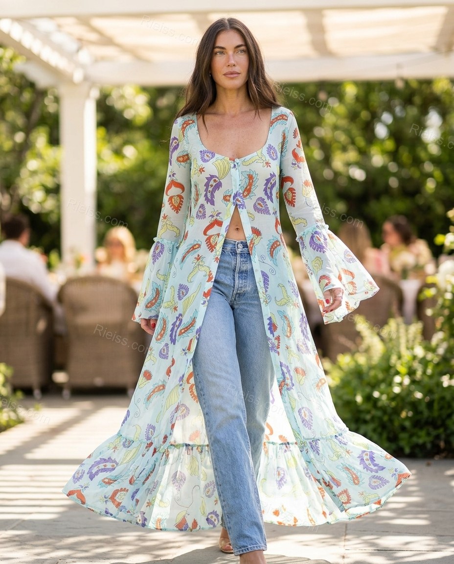 Light Blue Paisley Ruffled Outerwear, walking lifestyle view, by Rieiss