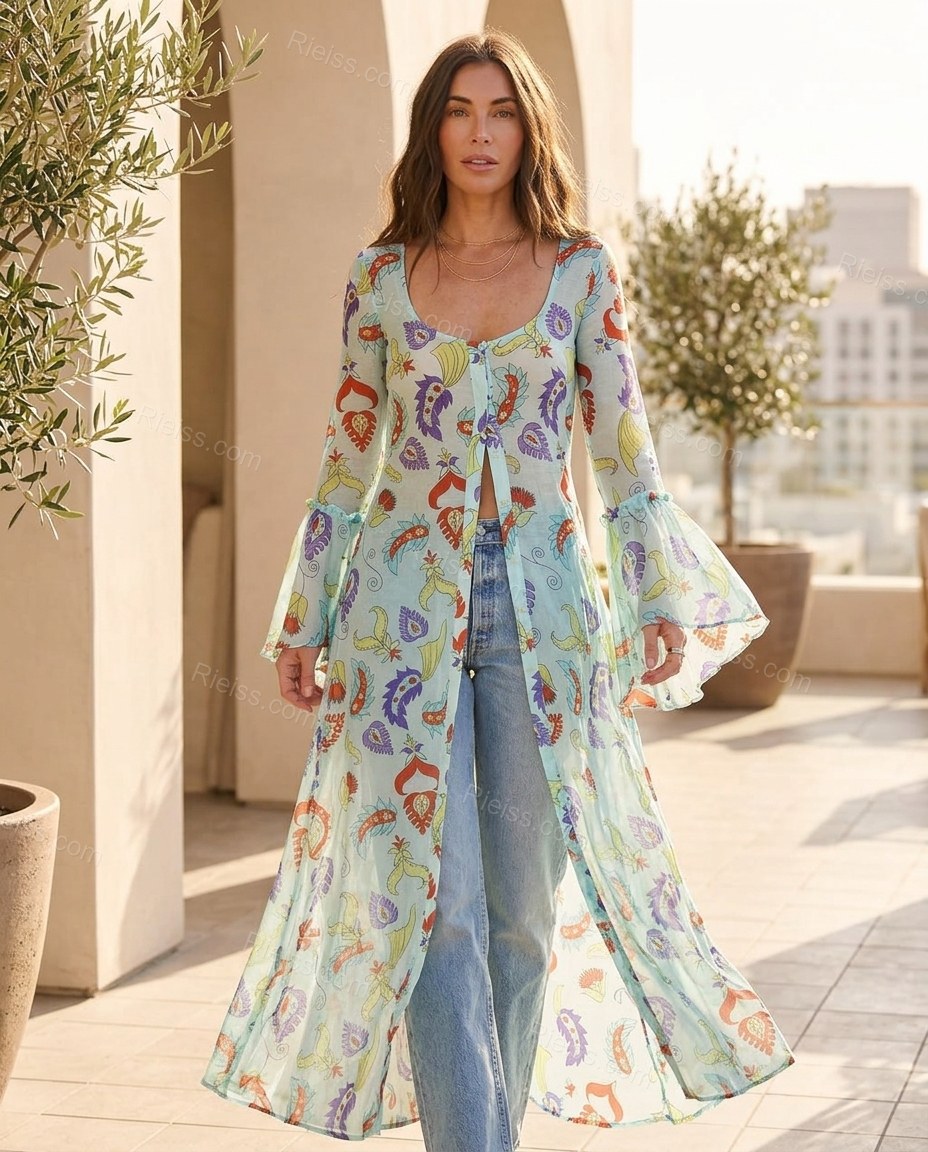 Light Blue Paisley Ruffled Outerwear, full-length hero view, by Rieiss