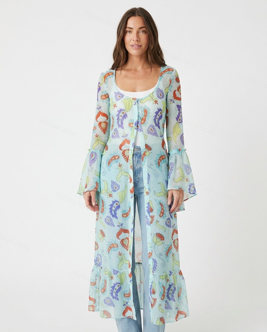 Light Blue Paisley Ruffled Outerwear, front studio view, by Rieiss