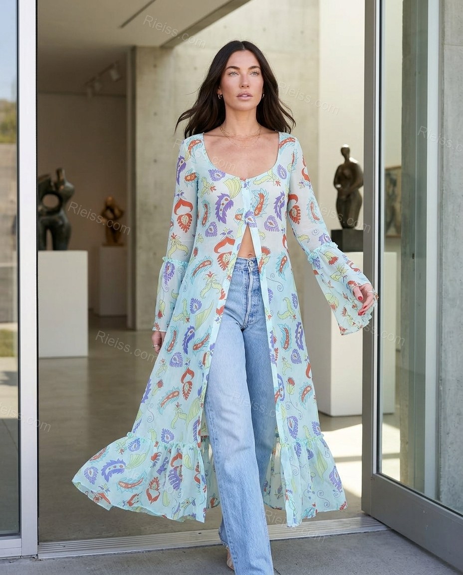 Light Blue Paisley Ruffled Outerwear, movement and fit lifestyle view, by Rieiss