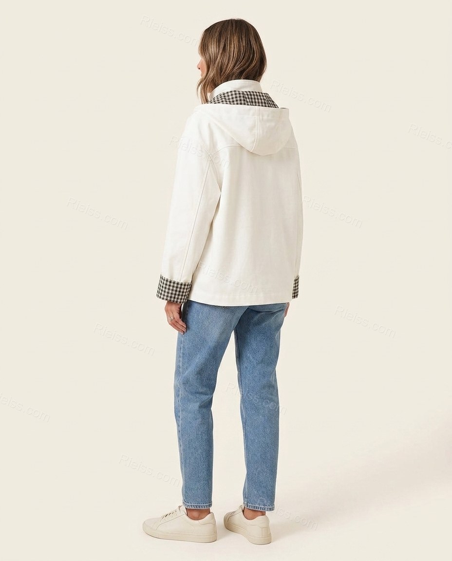 Off-white Plaid Jacket, back studio view showing clean back with hood visible, by Rieiss