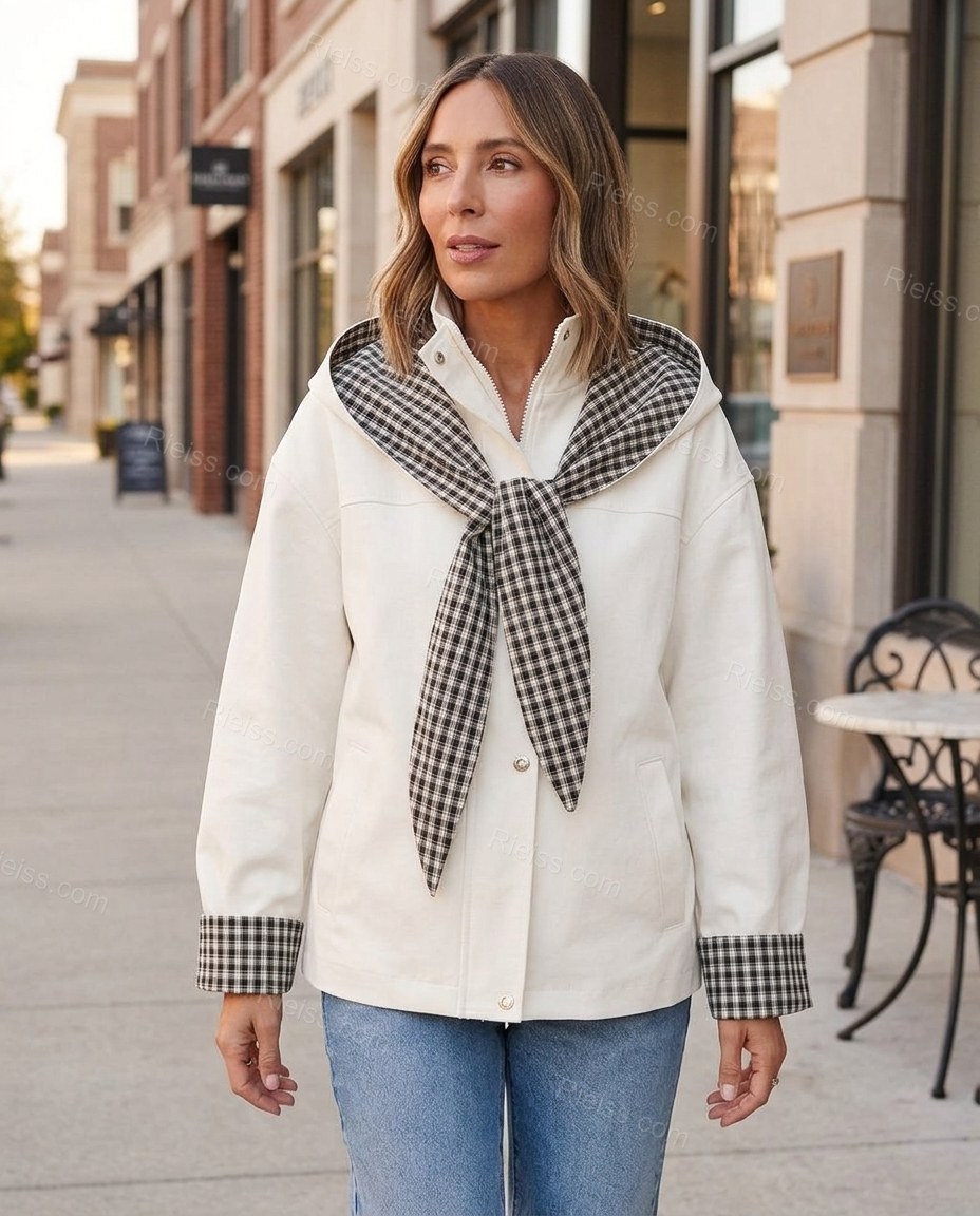 Off-white Plaid Jacket, three-quarter brand lifestyle view, by Rieiss