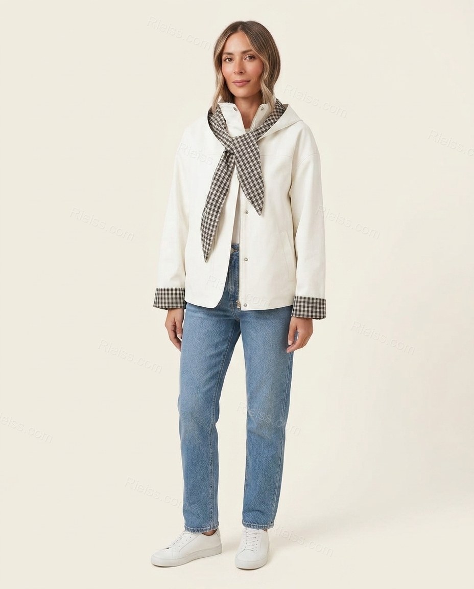 Off-white Plaid Jacket, front studio view, by Rieiss