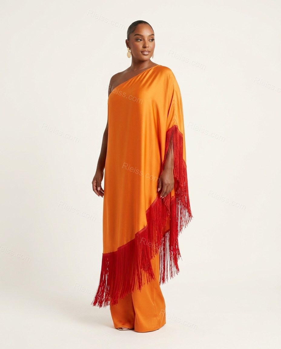 Red Maxi Cape One-Shoulder Dress, side and back studio view, by Rieiss