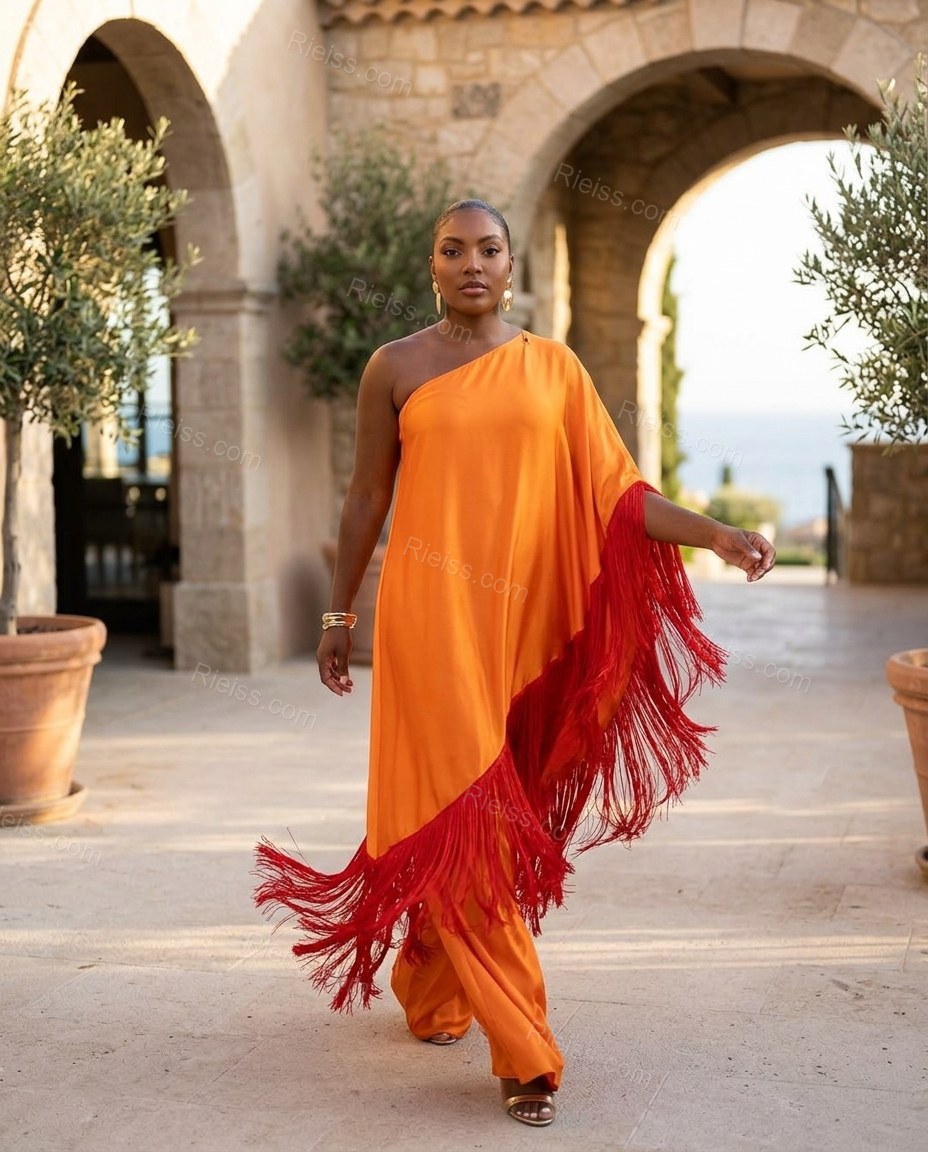 Red Maxi Cape One-Shoulder Dress, walking lifestyle view, by Rieiss