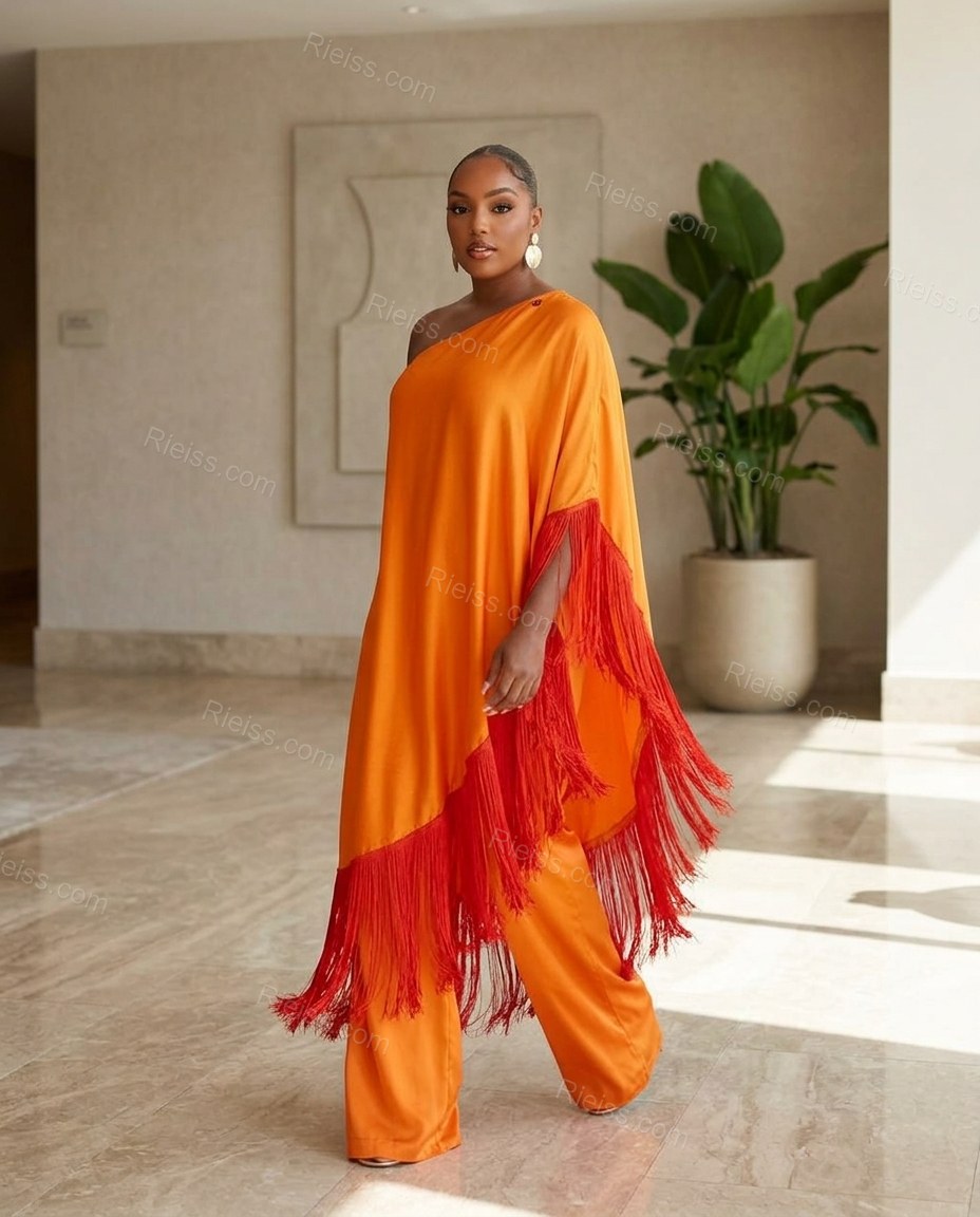 Red Maxi Cape One-Shoulder Dress, full-length hero view, by Rieiss