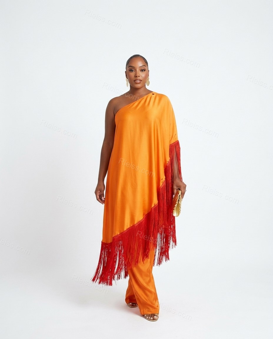 Red Maxi Cape One-Shoulder Dress, front studio view, by Rieiss