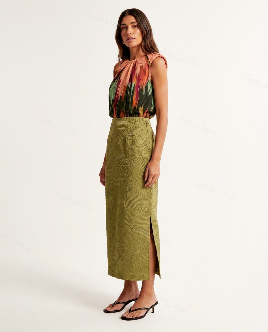 Olive Green Skirt with Multi-Color Abstract Ruffled Top & Skirt Set, side and back studio view showing clean, textured back panel, by Rieiss