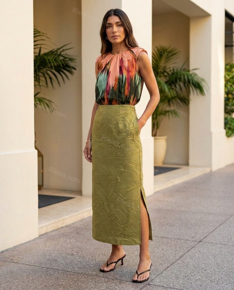 Olive Green Skirt with Multi-Color Abstract Ruffled Top & Skirt Set, full-length hero view, by Rieiss