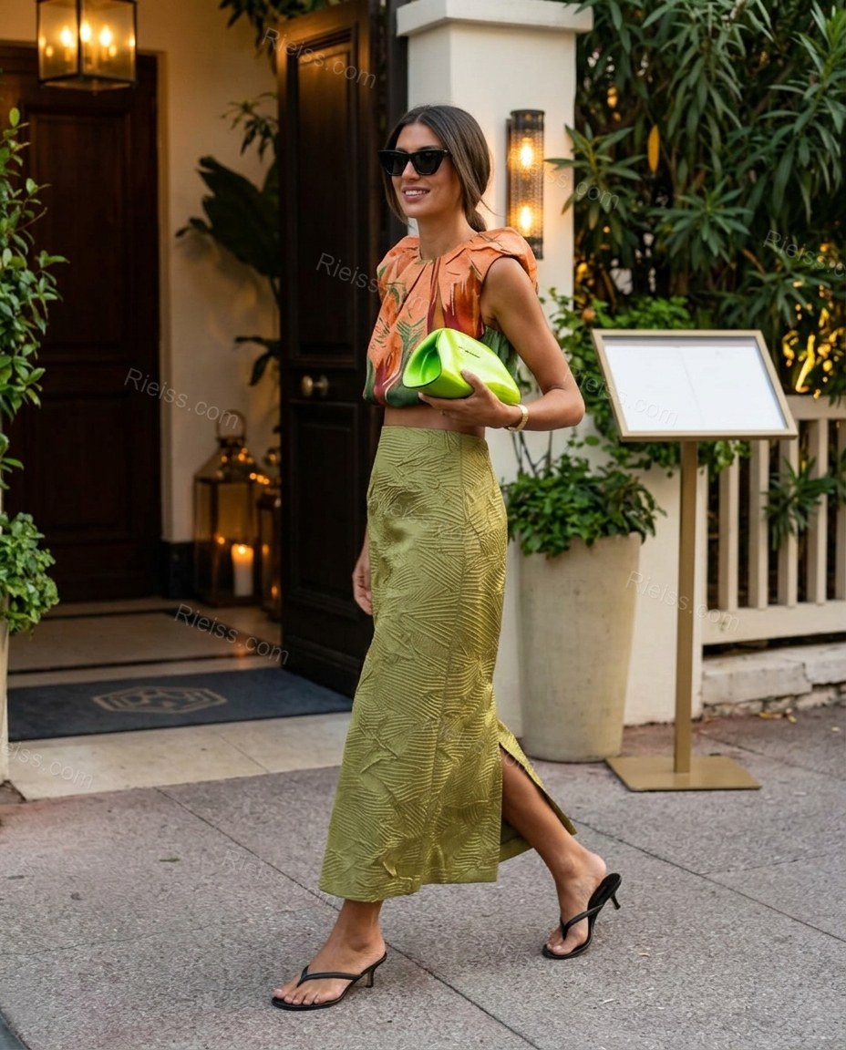 Olive Green Skirt with Multi-Color Abstract Ruffled Top & Skirt Set, walking lifestyle view, by Rieiss