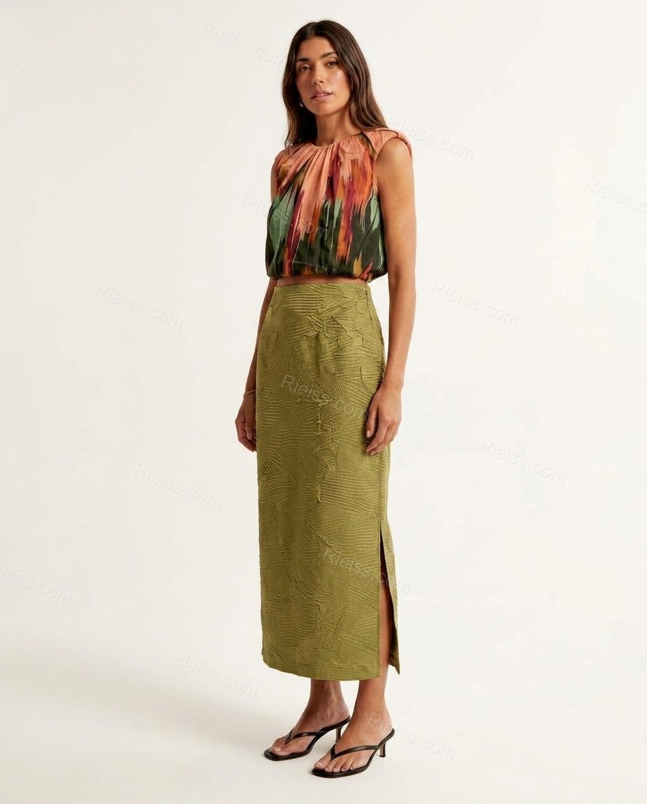 Olive Green Skirt with Multi-Color Abstract Ruffled Top & Skirt Set, front studio view, by Rieiss