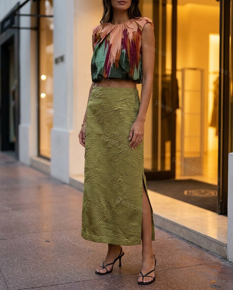 Olive Green Skirt with Multi-Color Abstract Ruffled Top & Skirt Set, three-quarter brand lifestyle view, by Rieiss