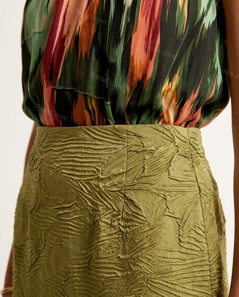 Olive Green Skirt with Multi-Color Abstract Ruffled Top & Skirt Set, close-up of abstract, by Rieiss