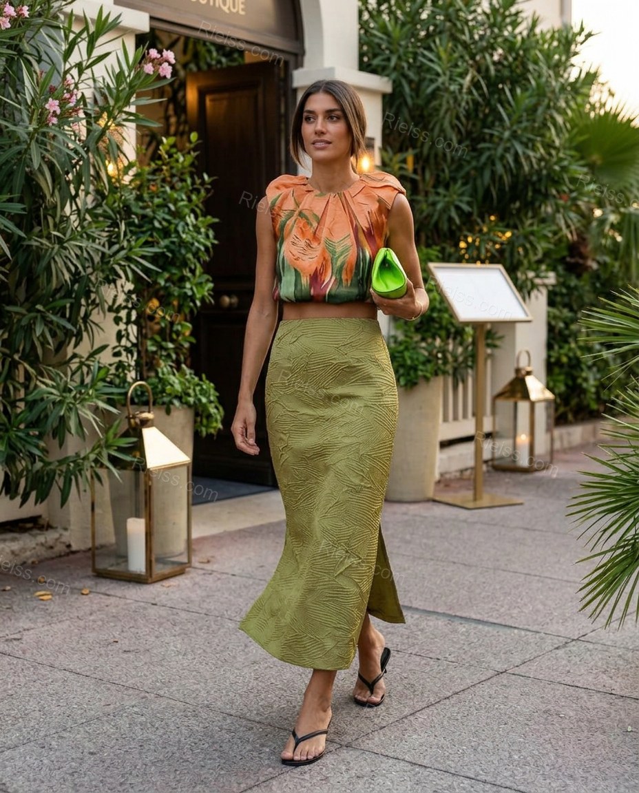 Olive Green Skirt with Multi-Color Abstract Ruffled Top & Skirt Set, movement and fit lifestyle view, by Rieiss