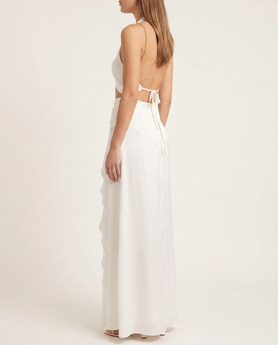 White Maxi Open-Back Halter Dress, back studio view showing open back design with tie closure at the waist, by Rieiss