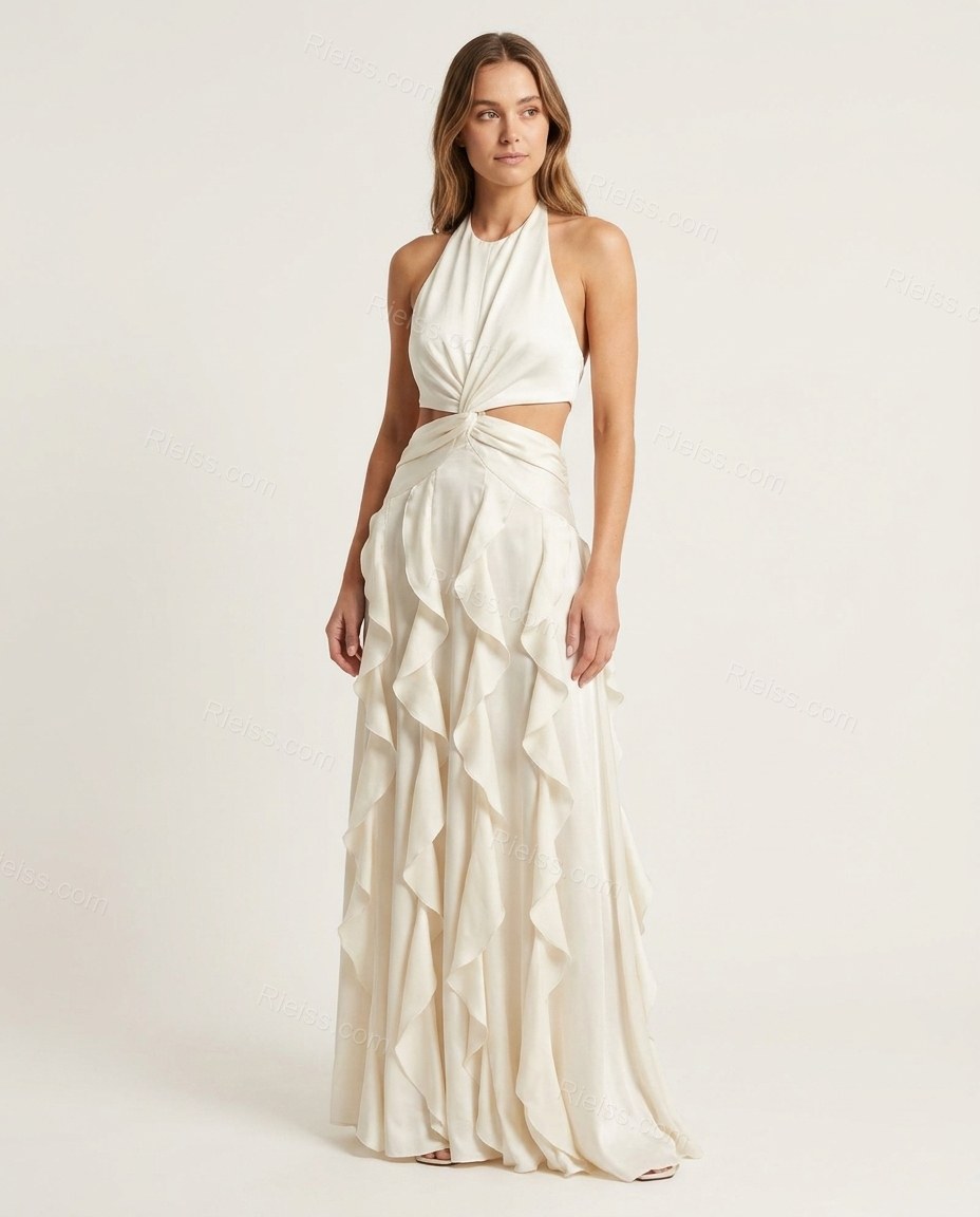 Ivory White Maxi Open-Back Halter Dress, front studio view, by Rieiss